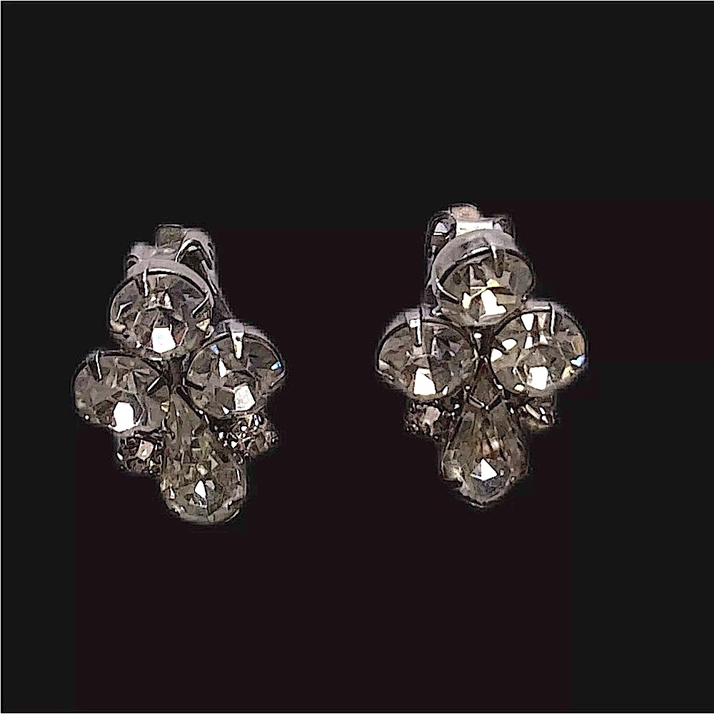 VINTAGE 1950s SilverTone Clear Rhinestone Earrings Clip-On Jewelry MCM